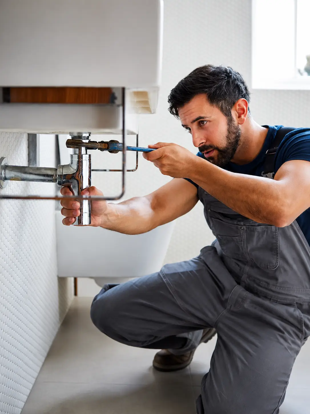Plumber working under a bathroom basin